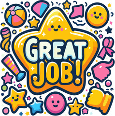 Colorful Great Job Star Badge with Smiling Icons and Celebration Elements