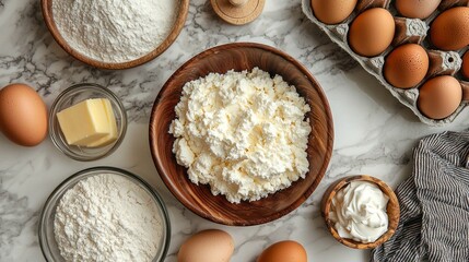 A bowl of white cream sits on a marble countertop next to a bowl of flour
