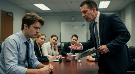 Tense boardroom meeting Angry boss yelling at employee causing stress and conflict serious