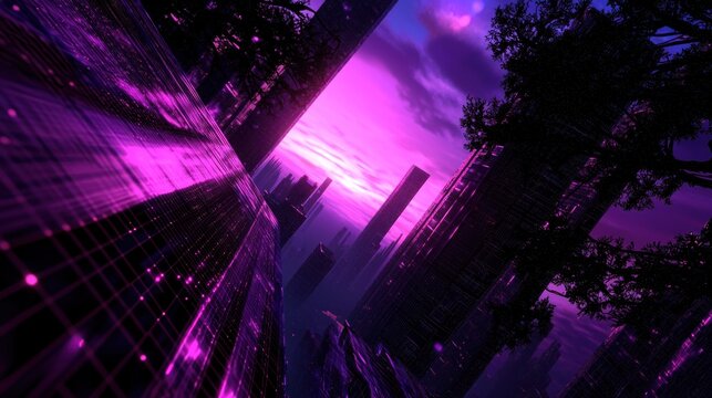 Futuristic city skyline at sunset, purple digital grid overlay, urban landscape