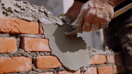 Bricklayer smoothing mortar between red bricks for a modern home. Featuring craftsmanship and durability