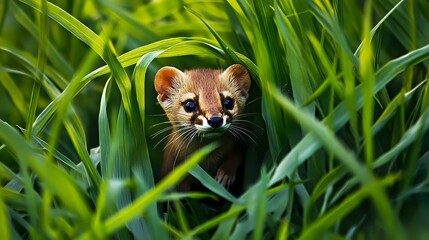 A lethal weasel emerging from thick grass, beady black eyes fixed on prey, high-resolution detailed shot, warm natural light casting soft shadows