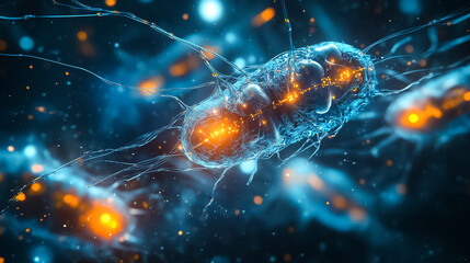 Microscopic bacteria illuminated with vibrant colors exhibiting intricate structures and behaviors. Dark space backdrop enhances visual impact