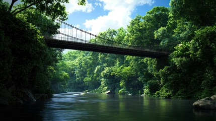 Fototapeta premium Lush Forest River Suspension Bridge Scenery