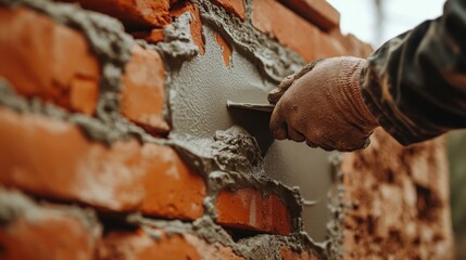 Bricklayer smoothing mortar between red bricks for a modern home. Featuring craftsmanship and durability