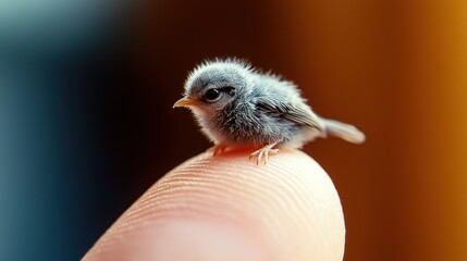 Obraz premium Tiny bird perched on fingertip, blurred background