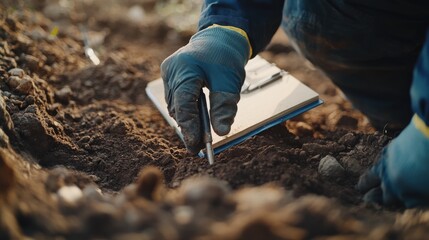 Geotechnical engineer collecting soil sample at excavation site. Featuring precision and analysis