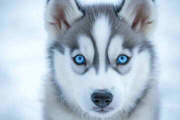 Cute husky puppy dog showing intense blue eyes in winter scenery