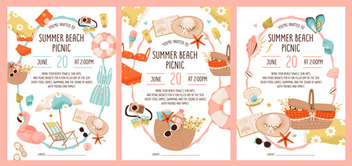 Summer picnic party invitation template set. Picnic basket with chaise longue, shells and swimsuit against a vibrant summer beach backdrop. Flat vector illustration.