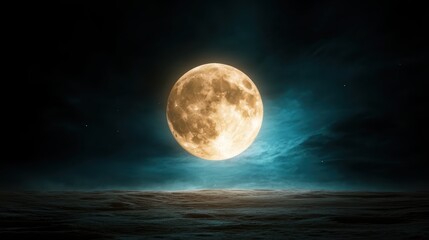 Fototapeta premium A vibrant full moon casts a golden glow over a dark and moody landscape, creating an enchanting atmosphere full of mystery and wonder at night.