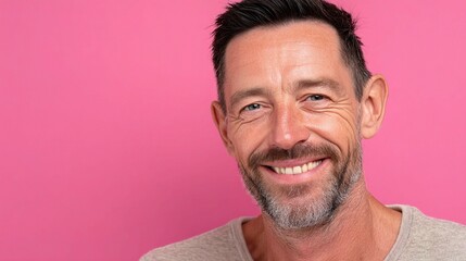 Obraz premium Happy Middle Aged Man Smiling on Pink Background