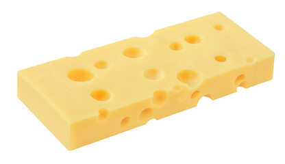 Emmental cheese block isolated. Swiss holey maasdam cheese on white background close up. .