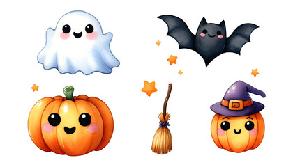 Whimsical watercolor Halloween stickers featuring a smiling ghost, kawaii bat, friendly pumpkin, and cute witch’s broom on a white background. Ideal for kids' Halloween parties and crafts.