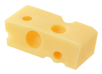 Emmental cheese cubes isolated. Swiss holey maasdam cheese piees on white background close up.