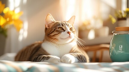 A beautiful tabby cat rests peacefully, enjoying the warm rays of sunlight filtering through the room, with plants creating a serene atmosphere around it.