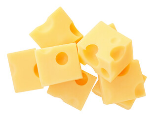 Flying Cheese pieces isolated on white. Levitating maasdam cheese cubes. Holey Cheese Explosion. Top view. Flat lay.  Package design element.  Creative layout.