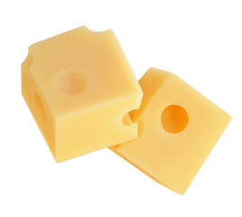 Flying Cheese pieces isolated on white. Levitating maasdam cheese cubes. Holey Cheese Explosion. Top view. Flat lay.  Package design element.  Creative layout.