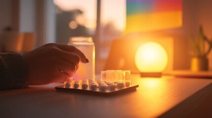 Sunset light illuminates a hand sorting pills on a table with a glowing orb and colorful flag in view