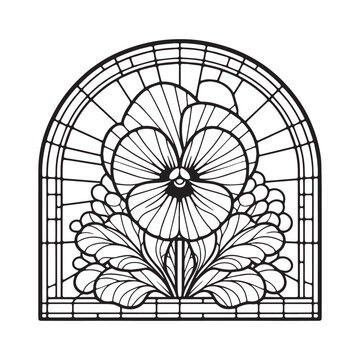 recommend clip art: Elegant pansy flower illustration with stained glass effect and arch frame