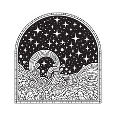 Obraz premium Minimalist graphic depicting stars and ocean waves in a frame style art