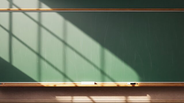 This is an image of a typical classroom setting with a chalkboard, desks, and natural sunlight creating shadows.