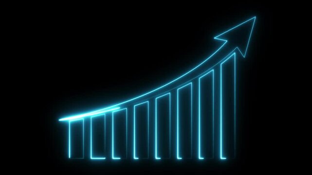 Neon business graph chart icon animation showing marketing sales profit increasing Isolated on Black background