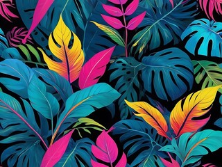 Colorful tropical leaf pattern in blue, yellow, and pink