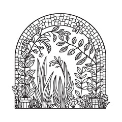 Fototapeta premium Stylized garden gate illustration showcasing flora with mosaic arc frame