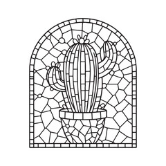Stylized potted cactus outline in mosaic style with arched framework design