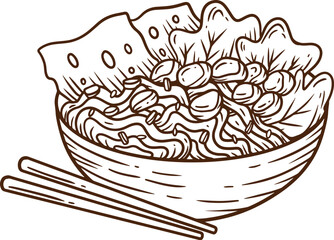 hand drawn indonesian chicken noodle illustration with meat greens and cracker in white bowl suitable for street food mie ayam
