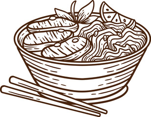 hand drawn beef pho noodle illustration with meat, greens and lime in white bowl suitable for street food