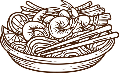 hand drawn Pad thai noodle illustration with fried shrimp and spring onion in white plate suitable for street food