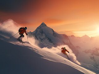 On gleaming snow slopes, skiers descend precisely, with powder flying freely under the alpenglow