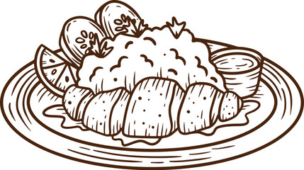 hand drawn hainan chicken rice illustration with brown sauce in white plate suitable for street food