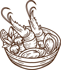 hand drawn tom yum illustration with big fried shrimp mushroom and clam in white red bowl suitable for street food