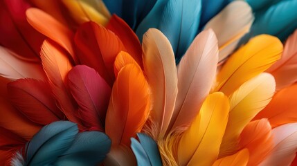 A vibrant cluster of feathers in multiple colors radiates energy and joy, celebrating the beauty of nature and evoking feelings of creativity and freedom in its design.