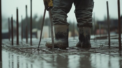 Construction laborer reinforcing concrete with steel rods. Featuring strength and accuracy