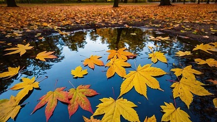 Golden autumn leaves, a vibrant foliage pattern of orange, yellow, and red, drift across the park's water