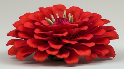 A vivid crimson zinnia in full bloom, perfectly symmetrical petals forming a layered pattern, natural lighting highlighting details, ultra-focused shot