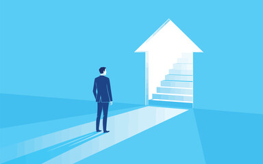 Obraz premium Career Growth and Business Success Illustration with Businessman Silhouette and Large White Arrow in Flat Minimalist Style