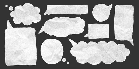 Hand-cut crumpled paper speech bubbles with halftone texture and gritty dotted pattern. Torn jagged notebook sheet edges of different shapes. © Polinmr