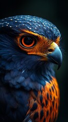 Close up of Vibrant Bird of Prey with Blue Feathers and Orange Markings
