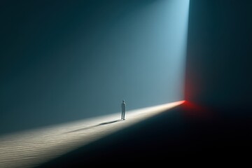 A solitary figure stands in a stark, minimalist landscape bathed in ethereal light, evoking feelings of introspection and a journey into the unknown future.