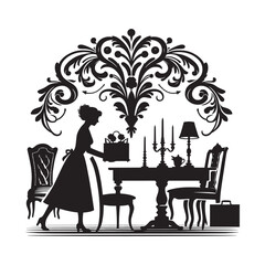 Elegant silhouette illustration depicting a woman furnishing an open floor plan