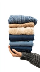 A stack of folded sweaters and jeans held in a hand.