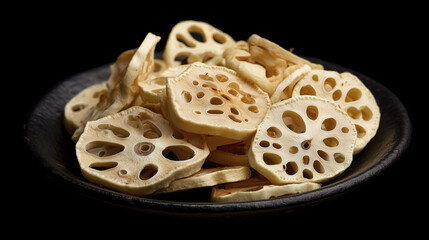 Dried lotus root slices arranged beautifully on black plate, showcasing their unique texture and shape, perfect for culinary use