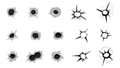 Bullet hole gun shot weapon mark silhouette, impact gun, bullet hole gunshot. Damage from shoot.