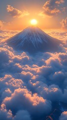Majestic Volcano Above Colorful Sunrise Clouds Bathed in Golden Light

