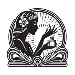 Elegant silhouette of a woman with cosmetic product in decorative art style