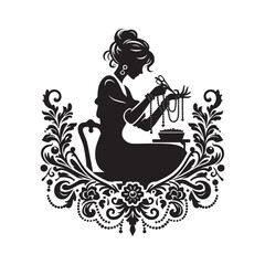 Elegant silhouette of woman crafting jewelry surrounded by ornate floral decor